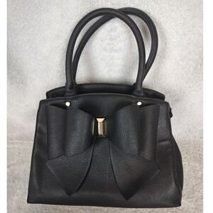 Pebbled Vegan Leather Bow Satchel Handbag Women Medium Black Gold‎ Trim